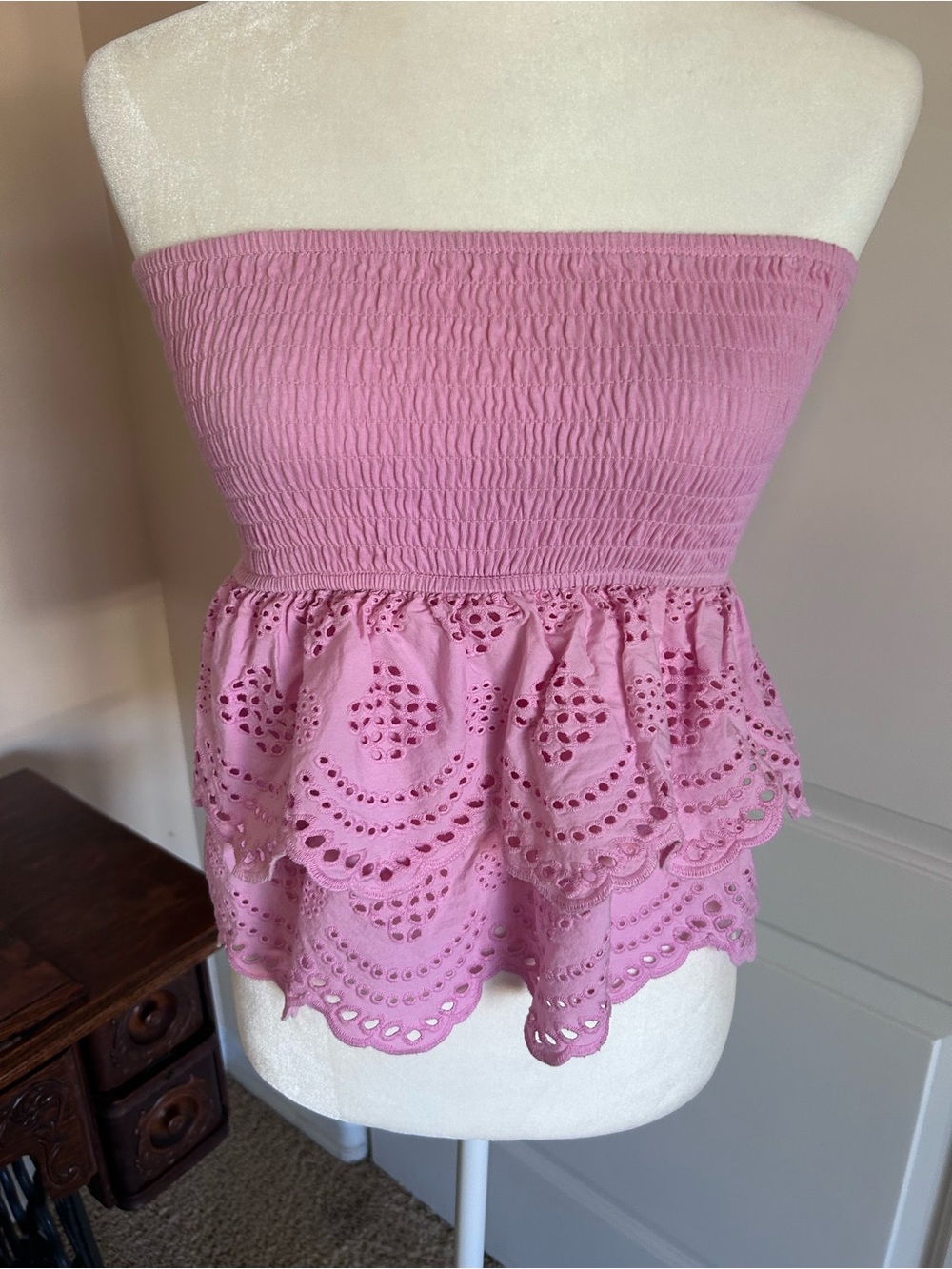 Stradivarius Pink Smocked Eyelet Bandeau Tube Top